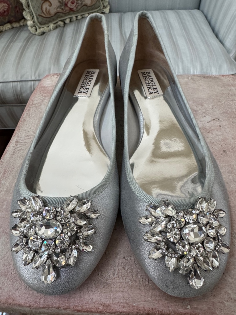 Badgley Mischka Bianca Silver Embellished Flats - Size 6 - EUC